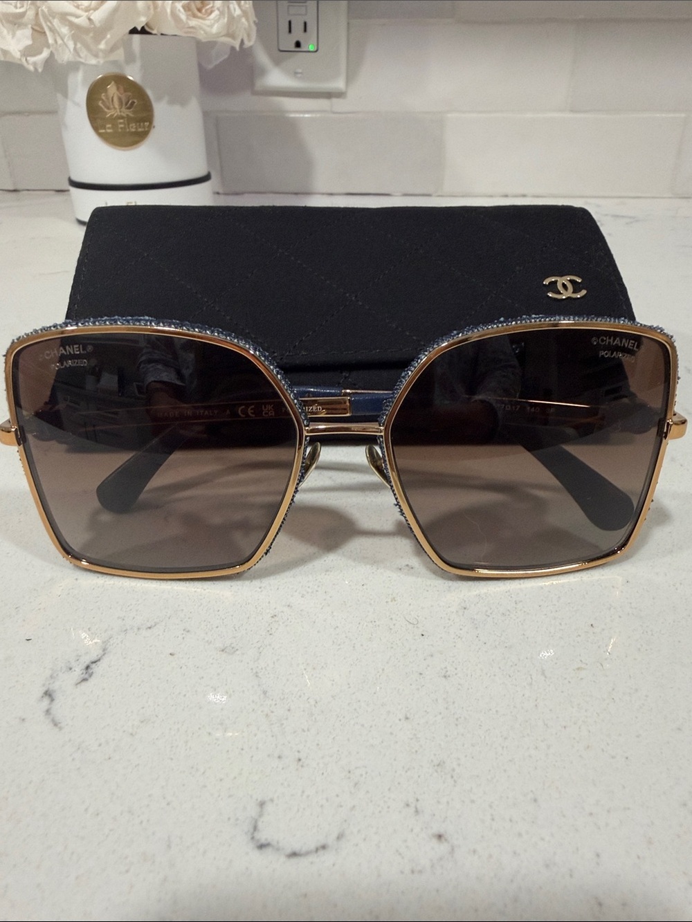 CHANEL Gold Frame Brown Gradient Square Sunglasses